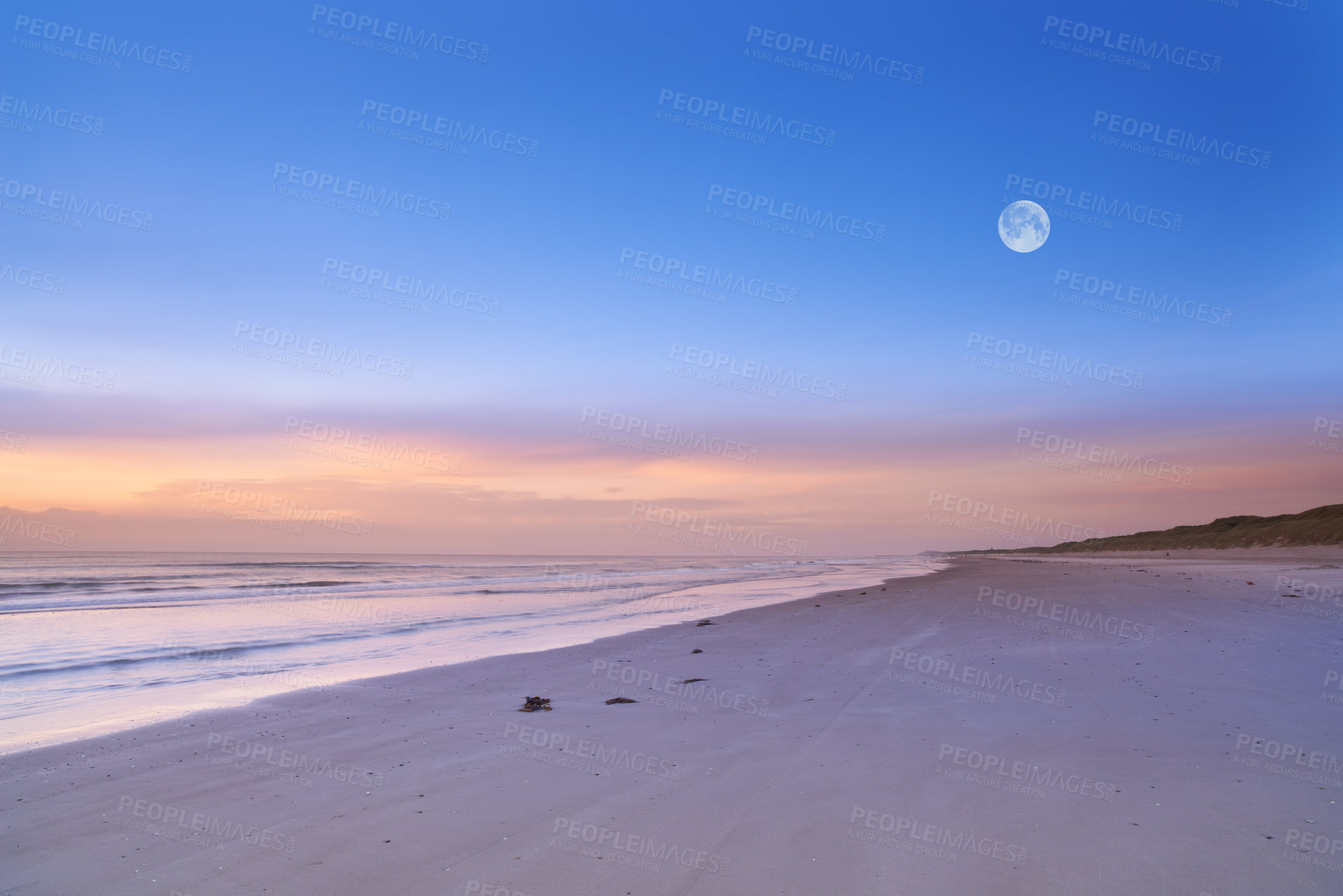 Buy stock photo Beach, blue sky and ocean, landscape with nature and environment, moon and sand with travel destination. Horizon, waves and seascape with natural background, tropical location or island for holiday