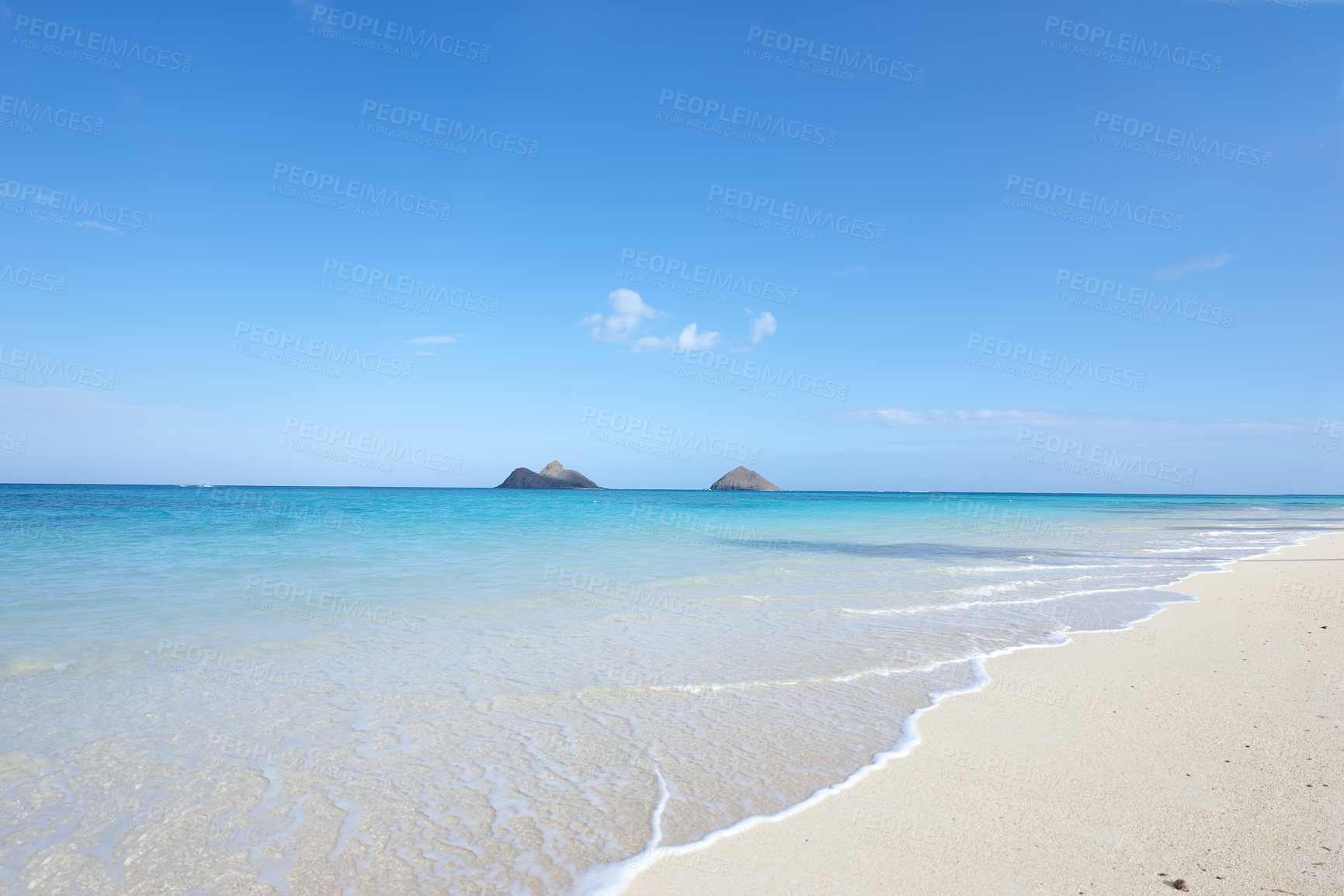 Buy stock photo Ocean, shore and blue sky for holiday, sand and rocks in Hawaii for peace and tranquility. Seaside, waves and summer for vacation, location and beach for clear water on travel and tropical trip 