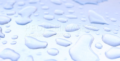 Buy stock photo Closeup, water and droplets on metal surface, winter and rain in cold season. Hydration, natural splash of clean sustainability from weather, refreshing and clear liquid for texture, refresh and wash