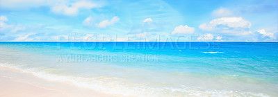 Buy stock photo Sea, blue sky and landscape with beach and travel, white sand and summer vacation outdoor in Hawaii. Environment, horizon and seaside location with tropical destination and journey on island
