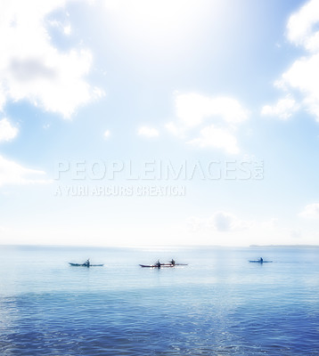 Buy stock photo Water, ocean and group rowing kayak on holiday, vacation or travel in summer outdoor. Sea, people and canoeing together in transportation for exercise, sport and silhouette in nature on mockup space