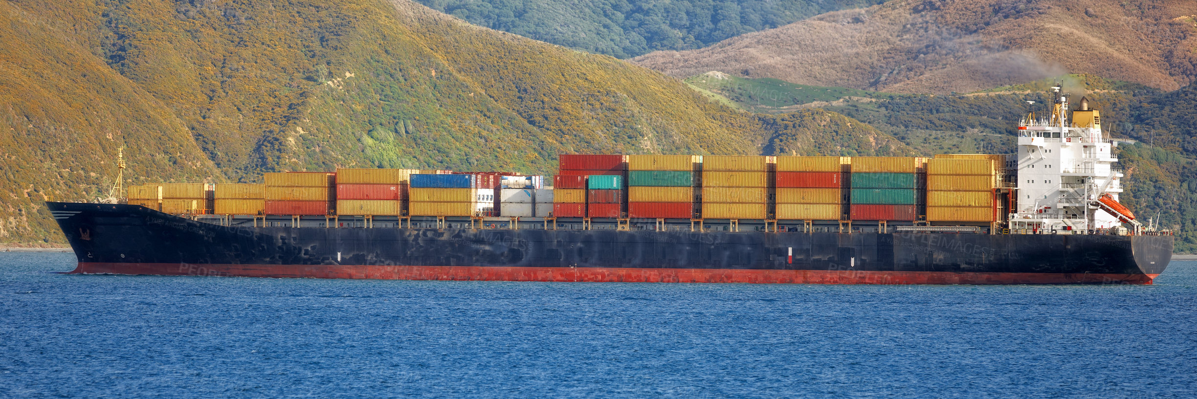 Buy stock photo Shipping, container and ocean for transportation, logistics and supply chain industry, worldwide and global delivery. Freight export, cargo and banner of a ship travelling on sea for commercial trade