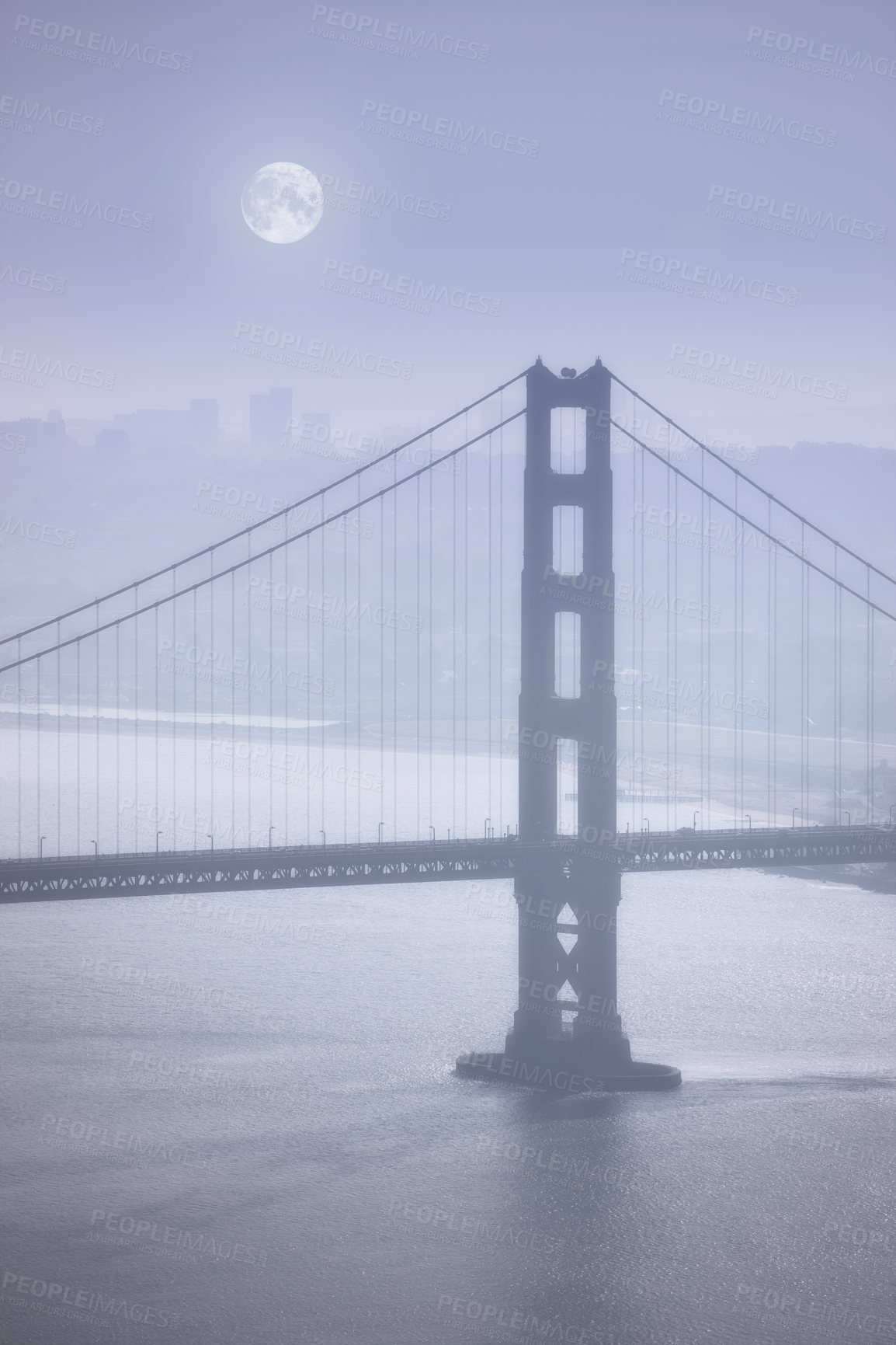 Buy stock photo Scenic view of the Golden Gate Bridge, San Fransisco, America in the early morning with atmosphere fog or mist. Famous city infrastructure, architectural bridge design and tourist destination abroad