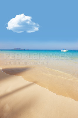 Buy stock photo Sea, boat and blue sky for holiday, sand and rocks in Hawaii for peace and tranquility. Seaside, waves and summer for vacation, location and beach for clear water on travel and tropical trip by ocean