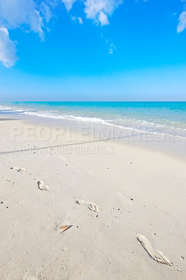 Buy stock photo Ocean, blue sky and landscape with beach sand and travel, waves and summer vacation outdoor in Hawaii. Environment, horizon and seaside location with tropical destination and journey on island