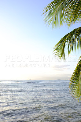 Buy stock photo Blue sky, nature and drone of sea on island for travel, vacation or holiday with skyline and seascape. Outdoor, water and aerial view of ocean by tropical beach for scenic summer weekend trip.