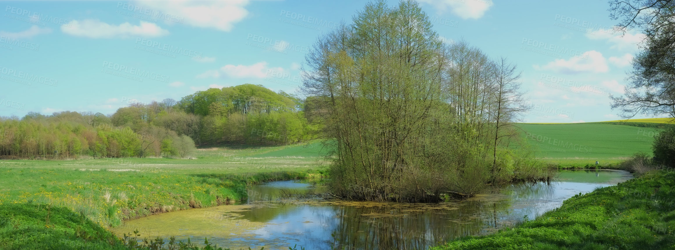 Buy stock photo Nature, lake and green landscape in spring, tree and grass in countryside with field. Sunshine, blue sky and farm land in English holiday destination, agriculture and woods in scenic wilderness  