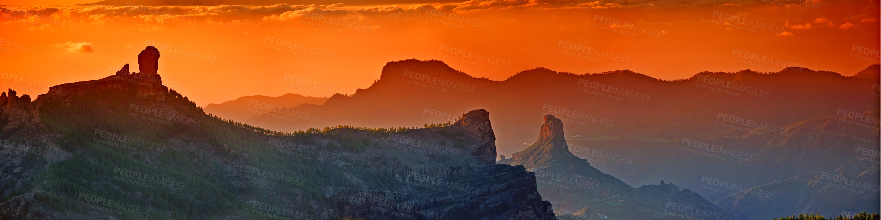 Buy stock photo Landscape, sunset and panorama view of mountains, Gran Canaria Island with nature skyline and environment. Orange sky, horizon and natural background with travel location or destination in Spain