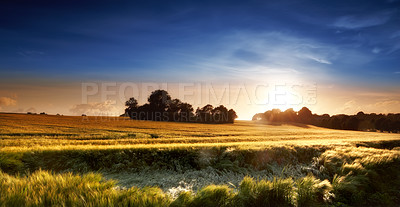 Buy stock photo Wide shot of a sunset in the countryside in late summer