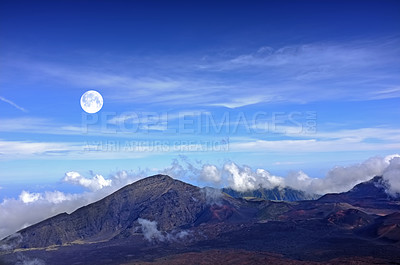 Buy stock photo Mountain, clouds and natural landscape with blue sky, horizon and summit for travel destination. Nature, sustainable environment and volcano for adventure, explore or summer vacation in Hawaii.