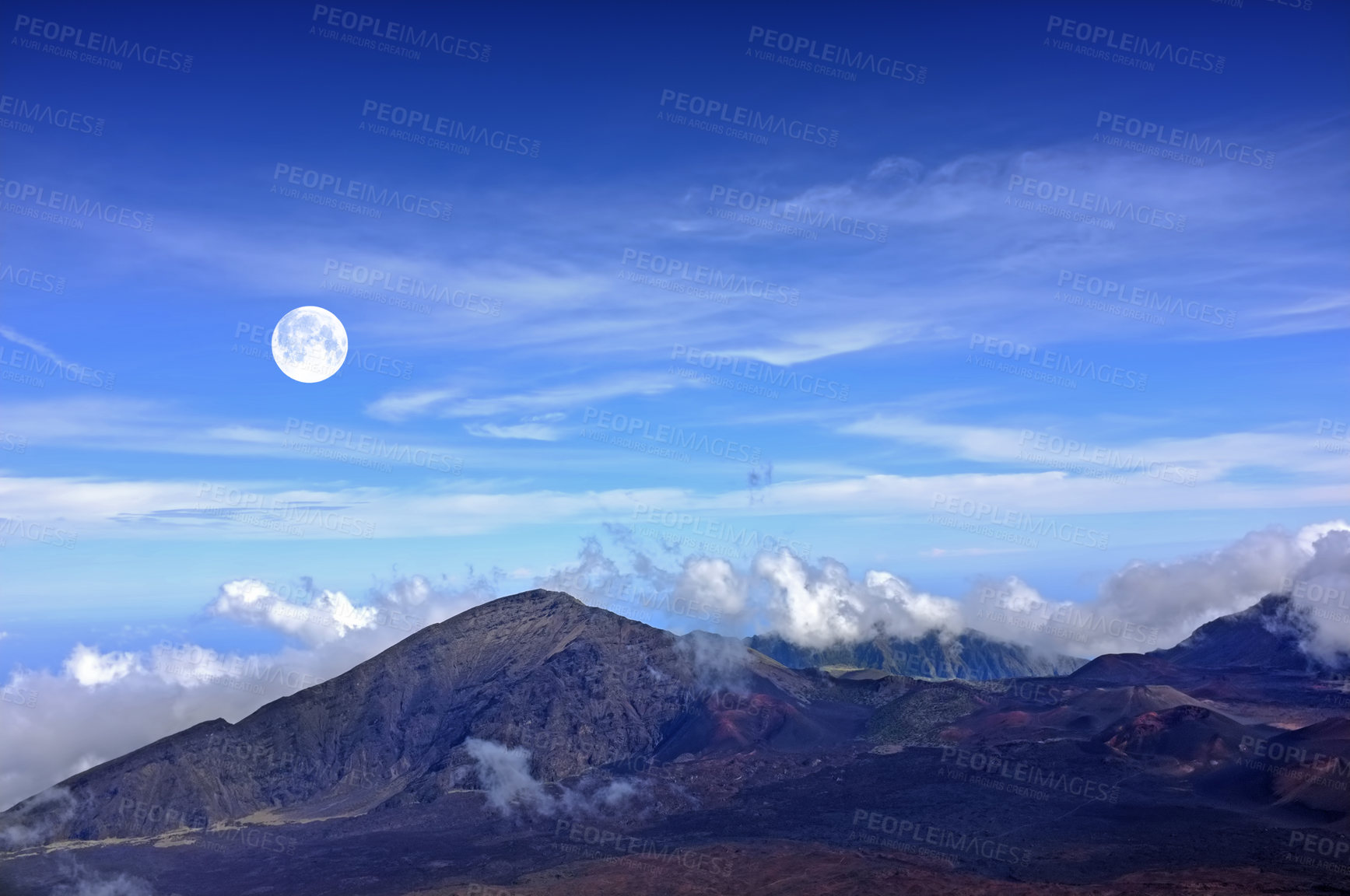 Buy stock photo Mountain, clouds and natural landscape with blue sky, horizon and summit for travel destination. Nature, sustainable environment and volcano for adventure, explore or summer vacation in Hawaii.