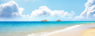 Buy stock photo Water, beach and ocean landscape with clouds in the sky or travel to a tropical paradise, dream vacation or island holiday, Hawaii, summer wallpaper and relax in nature, sun and blue sea waves