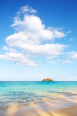 Buy stock photo Blue sky, ocean and beach island in Hawaii for tropical holiday, vacation and travel destination. Nature, paradise and seashore, waves and water in summer weekend for location, background and horizon