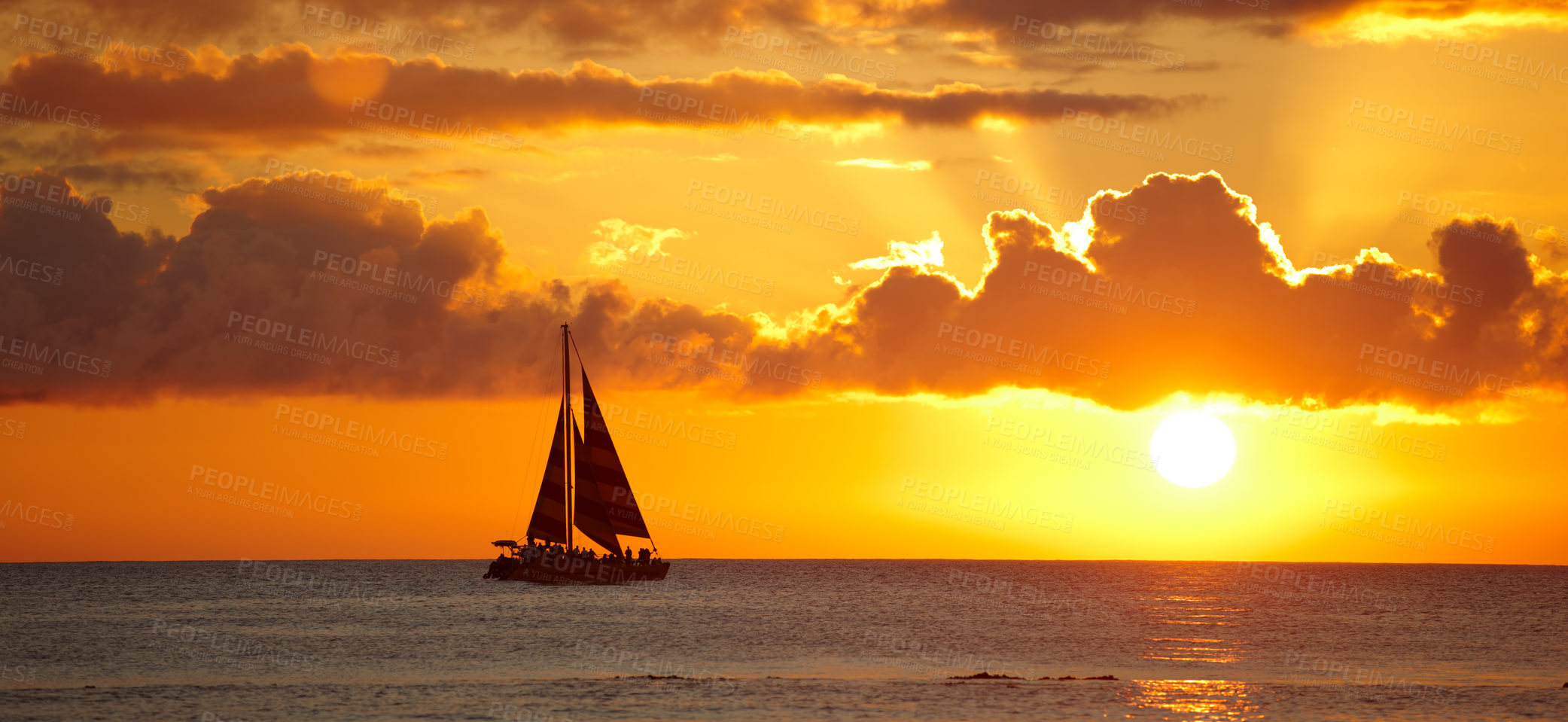 Buy stock photo Boat, beach and sunset with clouds, water and ocean with Waikiki, Honolulu and Hawaii. Dusk, seaside and nature with environment or travelling with vacation and adventure with journey, summer or ship