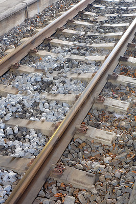 Buy stock photo Railway, track and stone on ground for train, transport and commute on earth in environment. Metal, lines and pebbles for travel, move and carriage for engine, locomotive or journey in industry  
