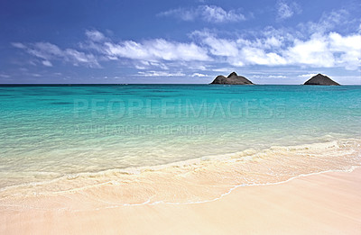 Buy stock photo Island, beach and ocean landscape with clouds in the sky or travel to a tropical nature paradise, dream vacation or holiday, Hawaii, summer wallpaper and relax in water, sun and blue sea waves
