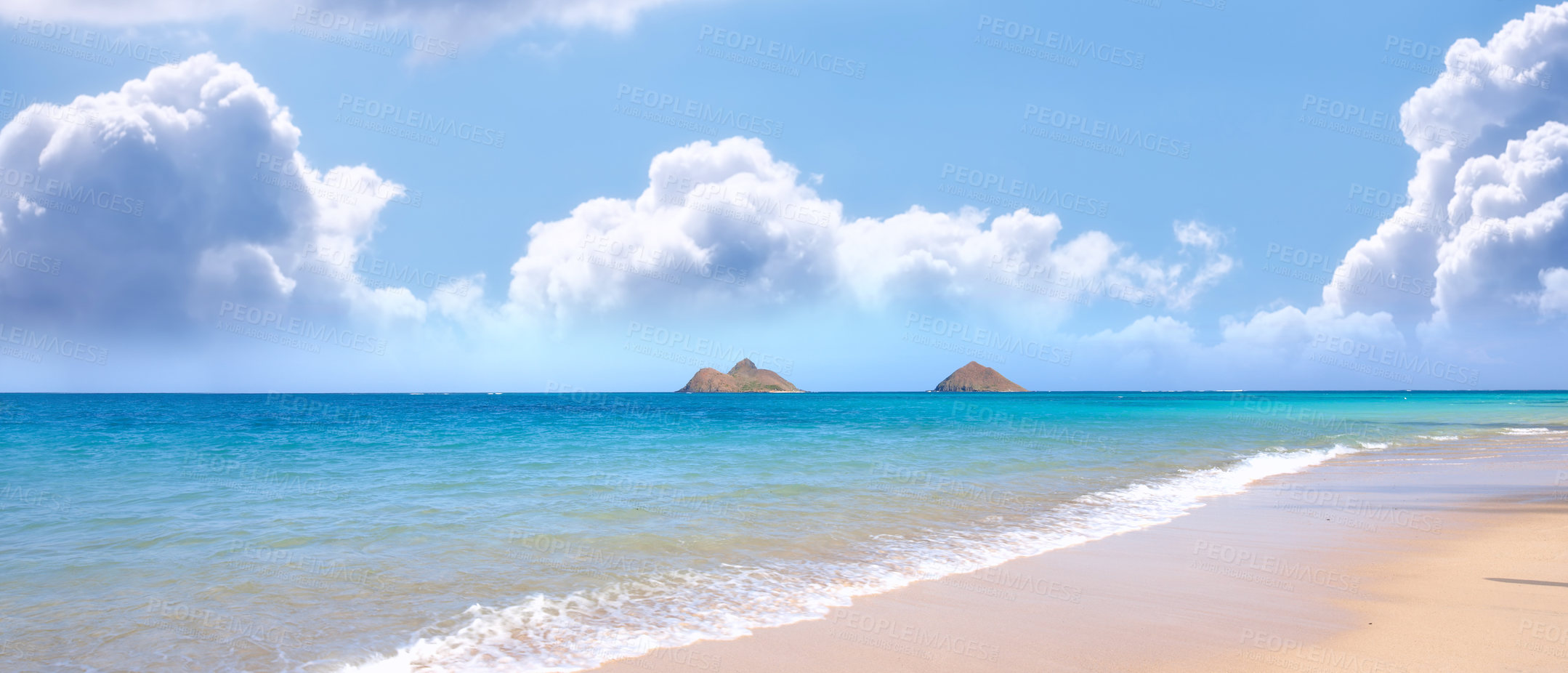 Buy stock photo Beach, water and ocean landscape with clouds in the sky or travel to a tropical paradise, dream vacation or island holiday, Hawaii, summer wallpaper and relax in nature, sun and blue sea waves