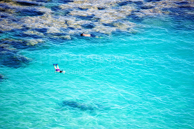 Buy stock photo Water, drone and people with snorkeling at the beach for summer, vacation or swimming. Freedom, travel and aerial view of swimmer friends in the ocean exploring coral reef, seascape or environment