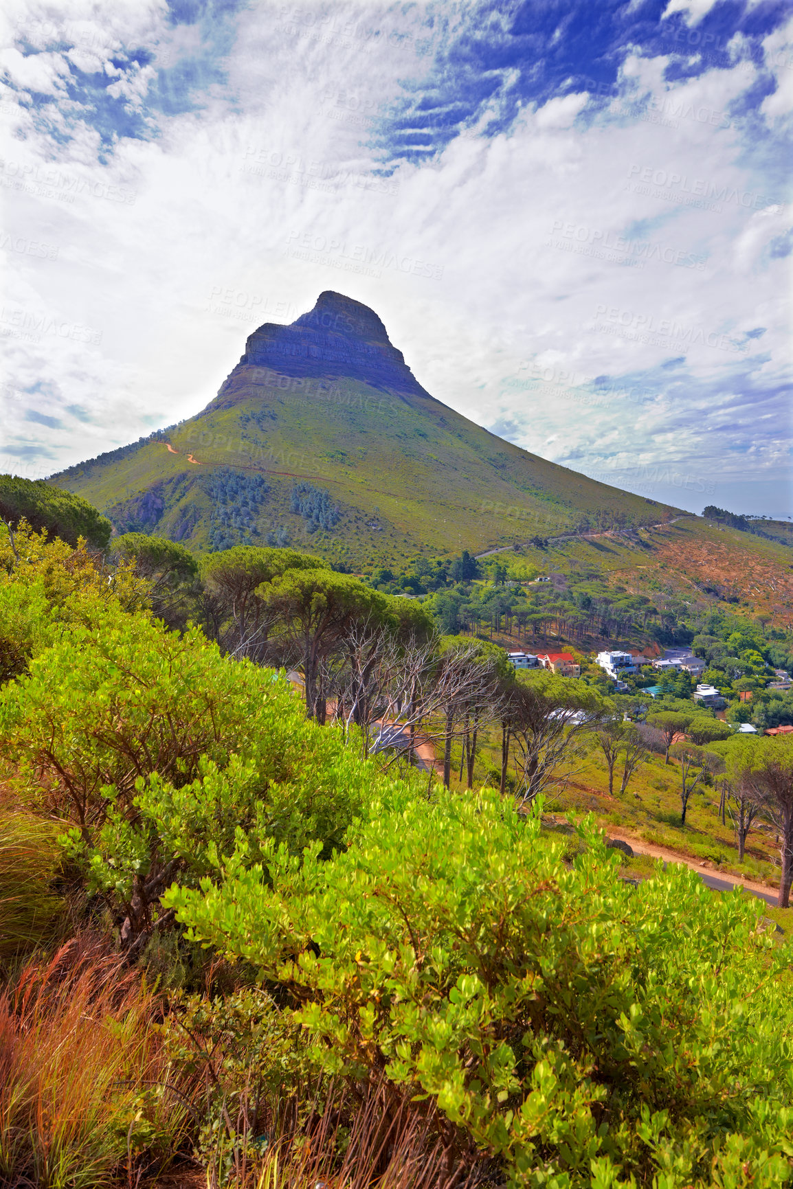 Buy stock photo Mountain, sunshine and valley at peak with cloudy sky, summer and trees in countryside at travel location. Nature, cliff and sustainable environment with earth, bush and tropical holiday destination