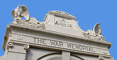 Buy stock photo Hawaii, landmark and gate of war memorial for soldier, military and honour to service of veteran. Waikiki Natatorium, architecture and island for history of army for world, death and freedom
