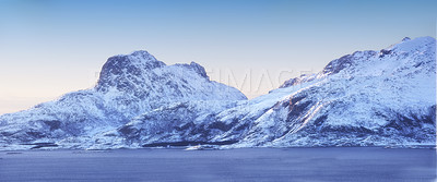 Buy stock photo Mountain, snow and nature with environment for blue sky, travel and outdoor adventure in cold weather. Banner, arctic and  alps for winter season, remote location and vacation in natural landscape.