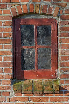 Buy stock photo Old, window and exterior with brick wall of rustic wooden frame, abandoned house or building. Glass of historic outdoor home with vintage or rubble of damage, neglect or aged texture in dirt or dust