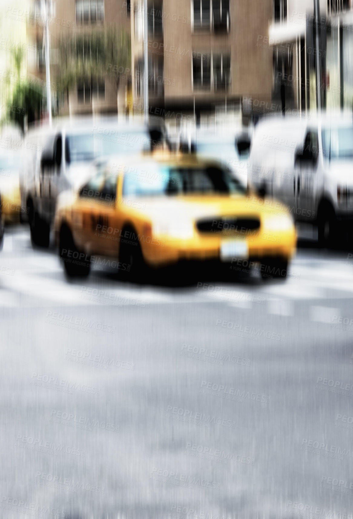 Buy stock photo Blur, traffic and taxi in street with city background, landscape and transportation for travel outdoor. Building, cab car driving in road and metro with motion or moving, journey or trip in New York