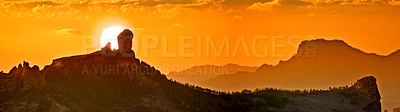 Buy stock photo Landscape, sunset and panoramic view of mountains, Gran Canaria Island with nature skyline and environment. Orange sky, horizon and natural background with travel location or destination in Spain