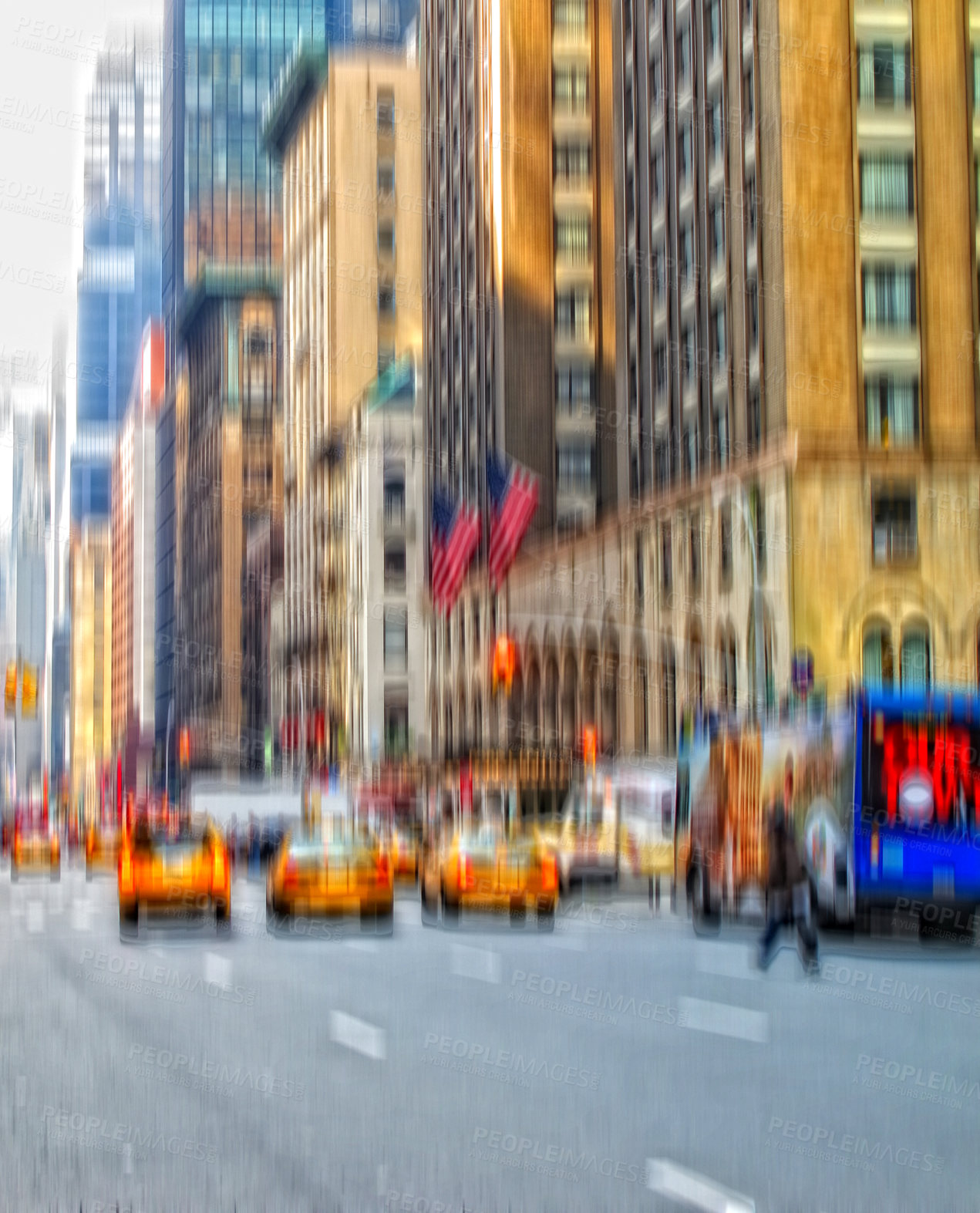 Buy stock photo Blur, traffic and taxi in street with city, landscape and transportation background for travel outdoor. Building, cab car driving in road and metro with motion or moving, journey or trip in New York