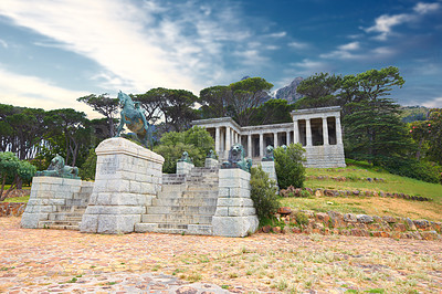 Buy stock photo Rhodes Memorial, monument and architecture in Cape Town, outdoor and design for historic building. Tourism, landmark or statue of famous politician, sculpture or art work on mountain in South Africa 
