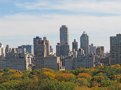 Buy stock photo City, buildings and skyline or downtown park or architecture development in New York, Manhattan or travel. Infrastructure, trees and skyscraper for urban explore in environment, holiday or cityscape