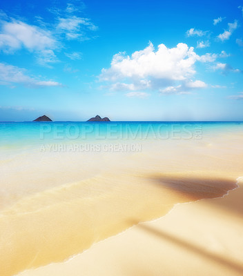 Buy stock photo Tropical, beach with blue sky and ocean, landscape in nature and environment with sand and travel destination. Horizon, calm and seascape in natural background, location or island for holiday in Bali