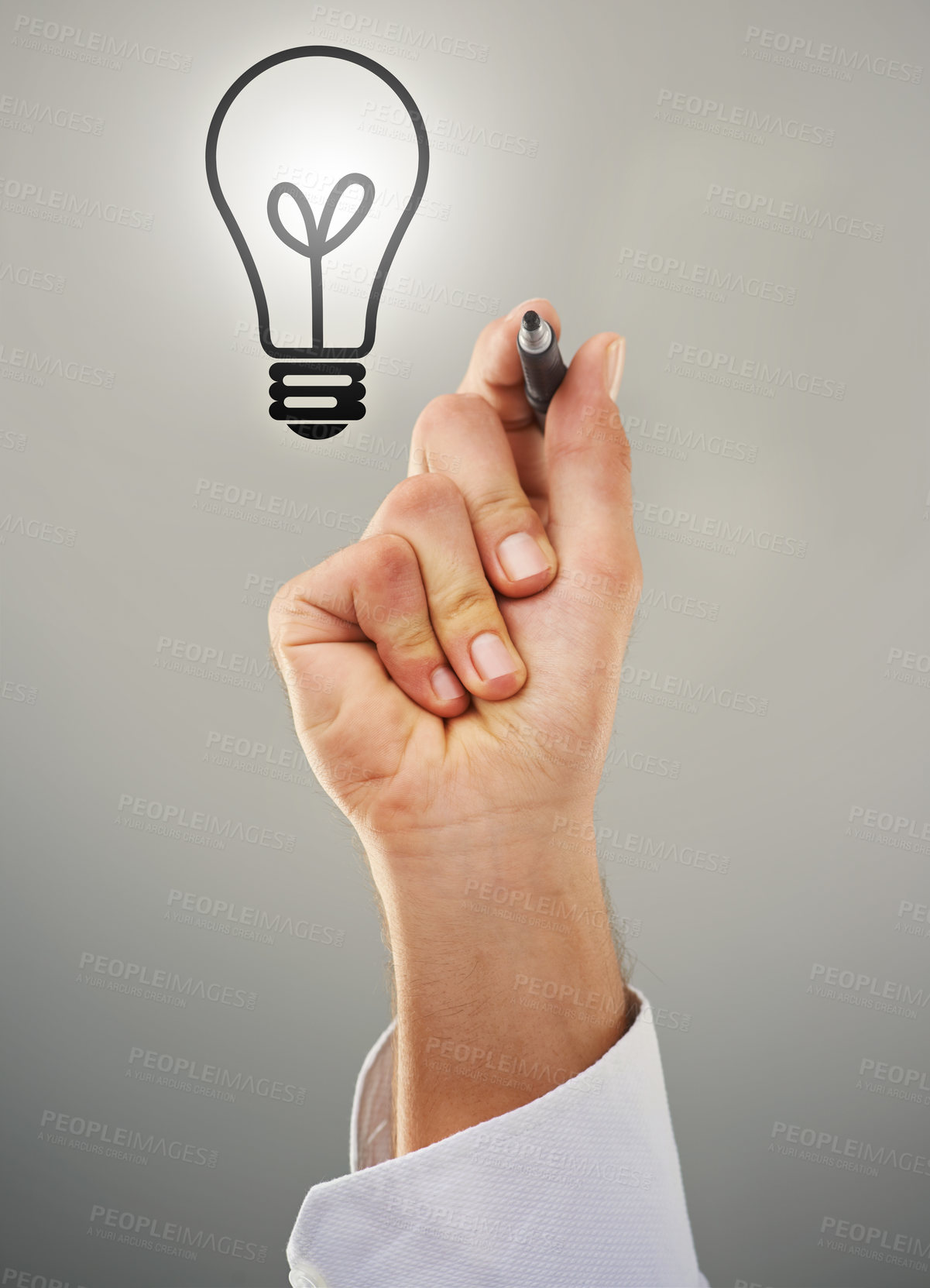 Buy stock photo Hand, light bulb and drawing with ideas for business growth and development on grey background. Person brainstorming, corporate innovation and knowledge for enlightenment, inspiration and insights