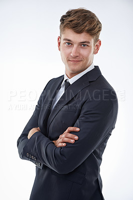 Buy stock photo Portrait, confident or man in suit for fashion, style and clothes for business, corporate or formal. Male model, arms crossed and smile for modern, smart and classy office wear on white background