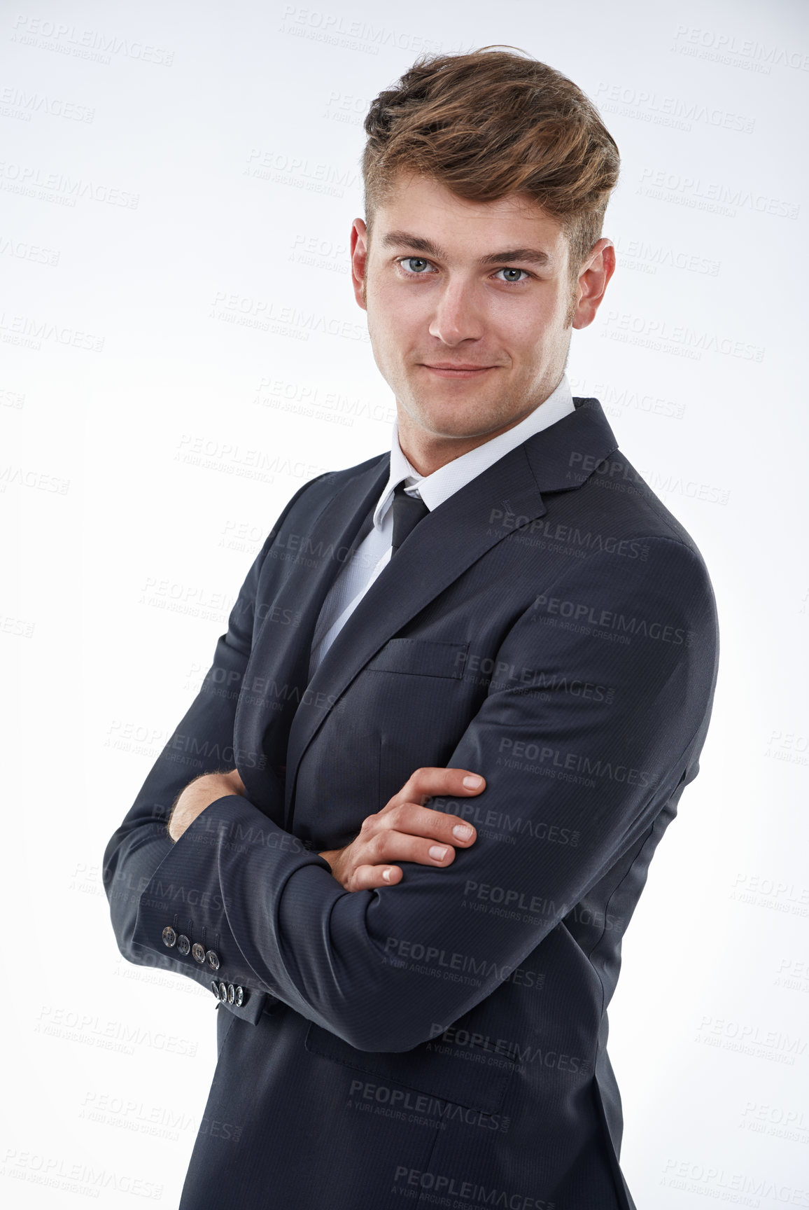 Buy stock photo Portrait, confident or man in suit for fashion, style and clothes for business, corporate or formal. Male model, arms crossed and smile for modern, smart and classy office wear on white background