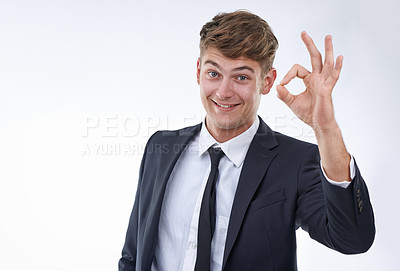 Buy stock photo Business man, portrait and OK hand gesture for success, support and agreement with emoji on white background. Praise, pride and excellence with vote or feedback, corporate employee and gratitude