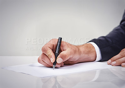 Buy stock photo Hand, pen and paper to sign, contract and document for compliance, accounting and company in studio. Businessman, writing and report for corporate, legal and deal on mock up on white background