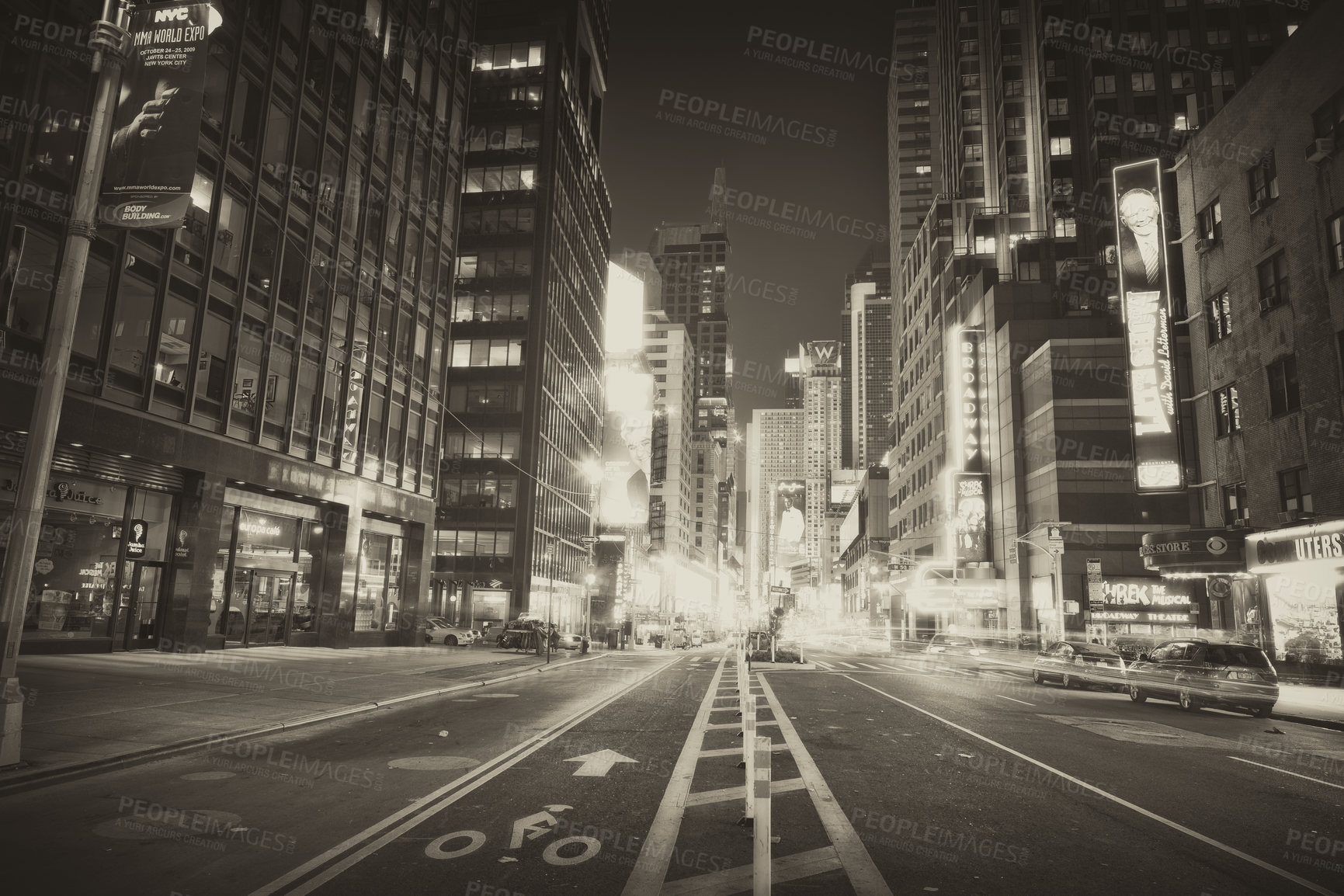 Buy stock photo New York, city and downtown street or night adventure with buildings or black and white, dark or holiday. Road, urban and lights with cars or explore weekend or late outdoor vacation, evening or trip