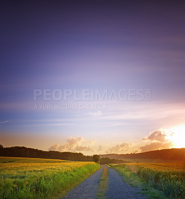 Buy stock photo Road, landscape and field with sunset in countryside for travel, adventure or roadtrip with mockup in nature. Street, path and location in Amsterdam with journey, roadway and environment for tourism