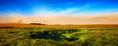 Buy stock photo Sky, field and landscape of countryside with meadow, agro farming or plant growth in nature. Background, travel and environment with horizon, green lawn or natural pasture for grass, crops or ecology