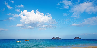 Buy stock photo Boat, ocean and landscape of beach in Hawaii for tropical holiday, vacation and travel destination. Nature, island and seashore, waves and water in summer weekend for location, background and horizon