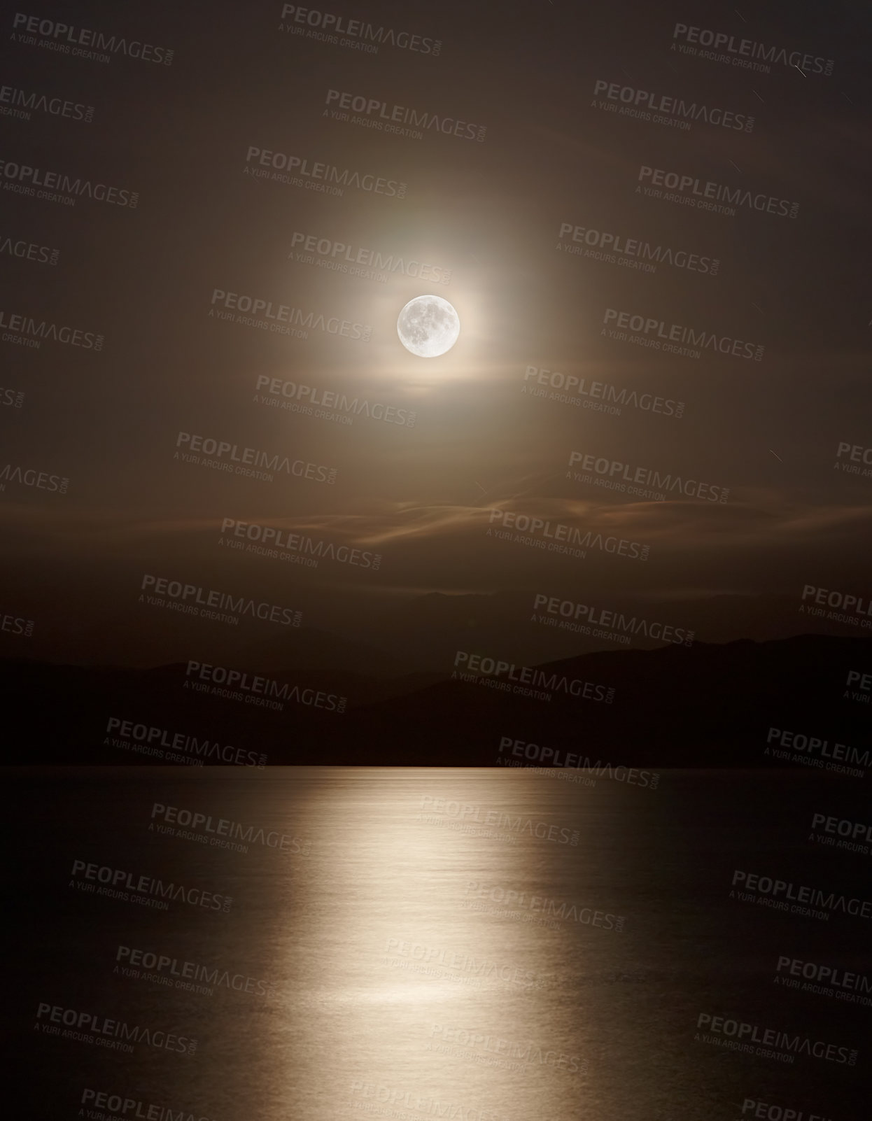 Buy stock photo Ocean, night and full moon on water for natural light, silver and seascape for low tide in nature. Dark sky, moonshine and lunar cycle for animal reproduction or stargazing and gravity pull on earth