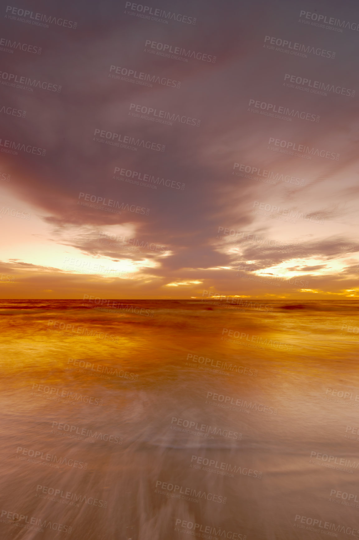 Buy stock photo Nature, ocean and clouds with sunset at beach for environment, peace and landscape mockup. Summer, sunshine and sunrise with wave on horizon for travel destination, reflection and seaside vacation