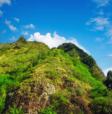 Buy stock photo Mountain, green and natural landscape with blue sky, summer and calm clouds on peak at travel location. Nature, cliff and sustainable environment with earth, forest and tropical holiday destination