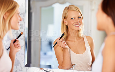 Buy stock photo Mirror, bathroom and portrait of happy woman with makeup, skincare or beauty to prepare for party together with friends at home. Face, cosmetics and smile of girl with reflection, powder and brush