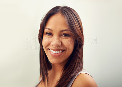 Buy stock photo Portrait, woman and smile for skincare, dental care and beauty in studio on white background. Happy, gen z and female student for healthy teeth, flawless skin and glow of natural makeup aesthetic