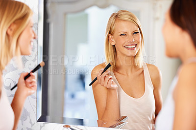 Buy stock photo Reflection, makeup or portrait of happy woman with brush, skincare or beauty to prepare with friends in the morning at home. Face, cosmetics and smile of girl at mirror to apply powder in bathroom