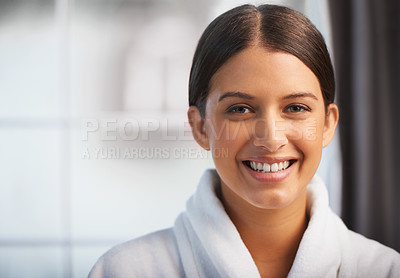 Buy stock photo Salon, portrait and woman with smile in robe for skincare, beauty or luxury massage at spa. Happy, wellness and face with happiness at hotel for self care, treatment or cosmetic service on mockup