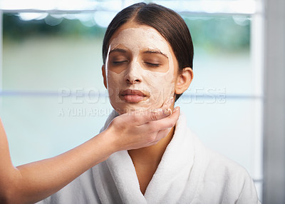 Buy stock photo Hand, skincare and women at home with face mask or diy spa treatment at home together. Beauty, wellness and friends with facial product for skin, cleaning or bonding on weekend sleepover in a house