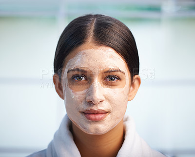 Buy stock photo Skincare, portrait and woman with face mask in bathroom for wellness, treatment or cosmetics. Facial, cleaning and female person relax with beauty, product or exfoliate, dermatology and diy spa scrub